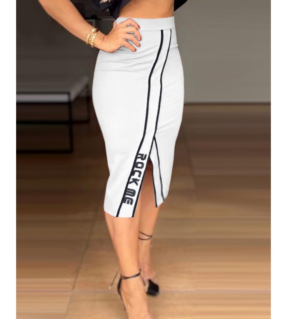 Letter Print Short Sleeve Top & Slit Skirt Set