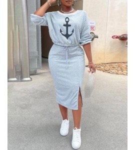 Boat Anchor Striped Print Top & Slit Midi Skirt Set