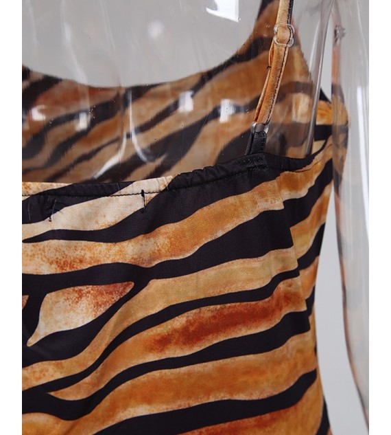 Tiger Print Square Neck Spaghetti Strap Maxi Dress