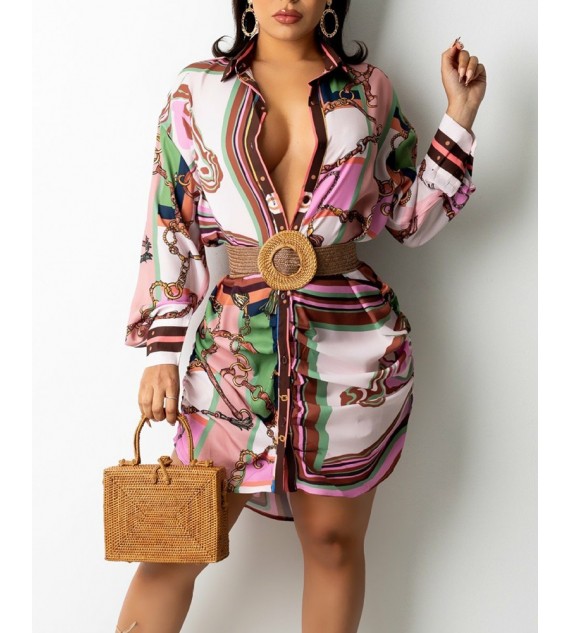 Chain Print Drop Shoulder Button Up Shirt Dress