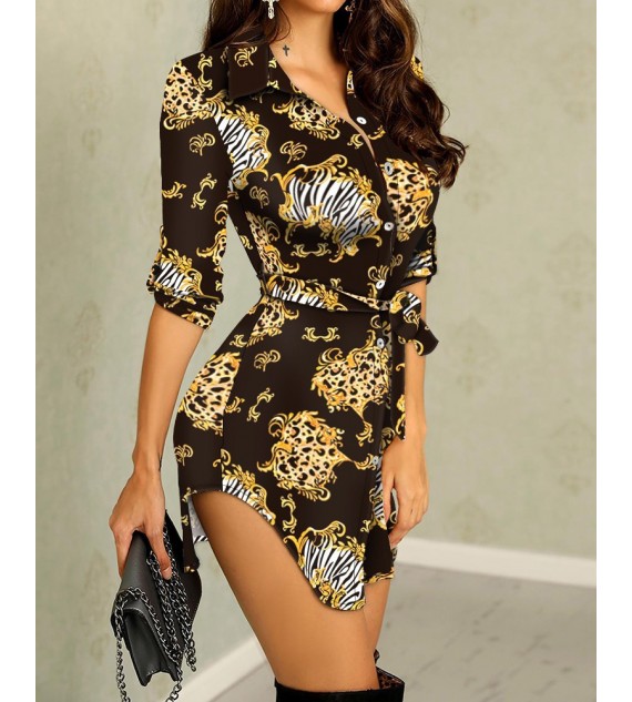 Baroque Cheetah Print Buttoned Tied Detail Shirt Dress