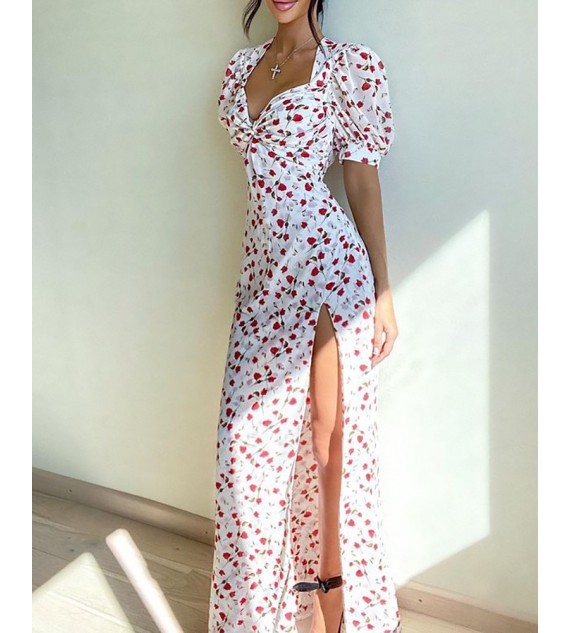 Ditsy Floral Print Ruched Slit Maxi Dress