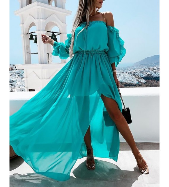 Off Shoulder Ruffle Hem High Slit Maxi Dress