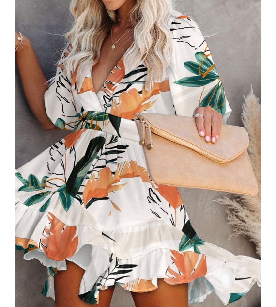 Floral Print V-Neck Ruffle Hem Dress