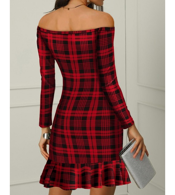 Off Shouldet Ruffle Hem Plaid Long Sleeve Women Dress