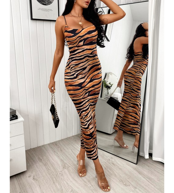 Tiger Print Square Neck Spaghetti Strap Maxi Dress