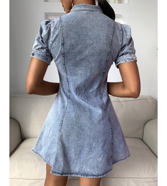 Kd Design Buttoned Short Sleeve Denim Dress