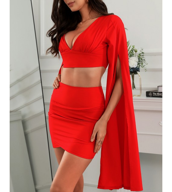 Plain Cape Sleeve Plunge Crop Top & Ruched Skirt Set