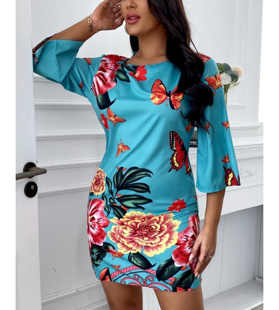 Half Sleeve Butterfly Floral Print Dress
