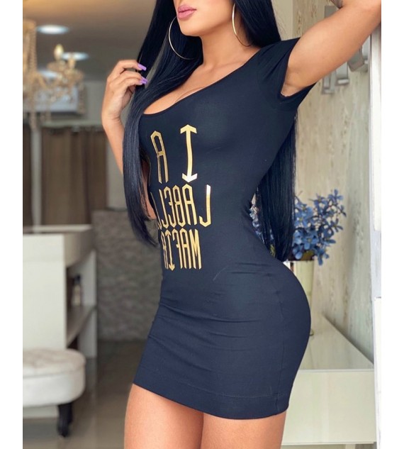 Letter Print Short Sleeve Bodycon Dress