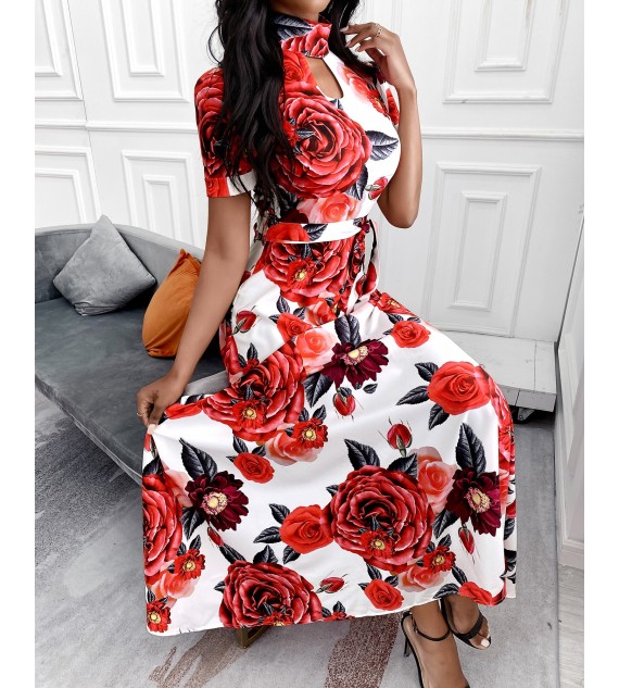 Floral Print Cutout Front Maxi Women Dress