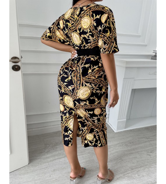 Baroque All Over Print V-Neck Casual Dress