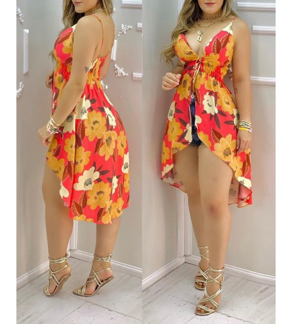 Floral Print Deep V Neck Spaghetti Strap Asymmetrical Dress