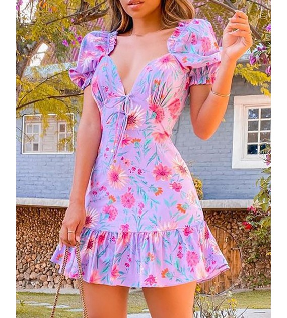 Puff Sleeve Floral Print Tie Front Ruched Dress