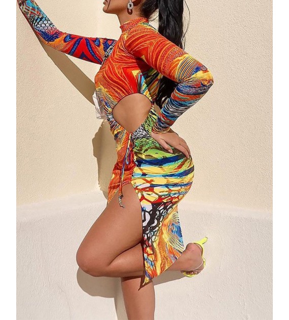 Abstract Print Cut-Out Split Thigh Long Sleeve Midi Dress
