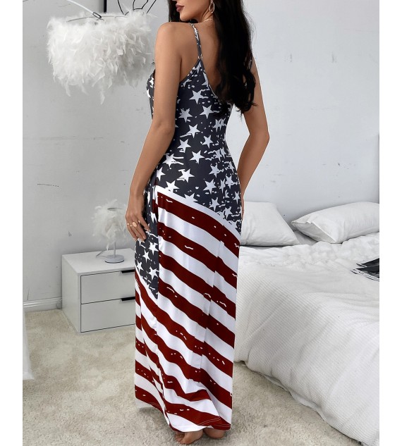 Independence Day Spaghetti Strap Flag Print Maxi Dress