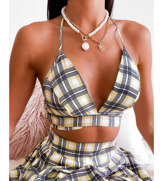 Halter Plaid Print Crop Top & Skirt Set