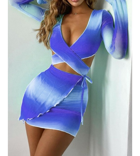 Ombre Bandage Cutout Crop Top & Frill Hem Skirt Set Suits V-Neck Hollow Out Top & ny Bottom