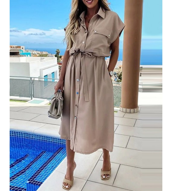 Button Pocket Design Slit Shirt Dress