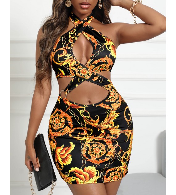 Halter Floral Chain Print Cutout Bodycon Dress
