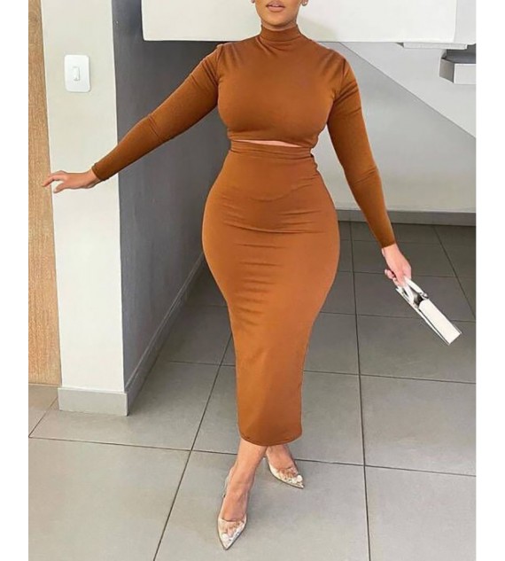 Long Sleeve Crop Top & High Waist Skirt Set