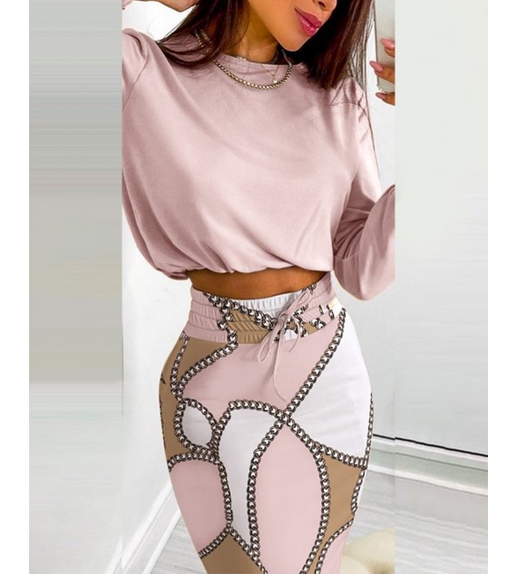 Long Sleeve Top & Chain Print Color Drawstring Shirred Skirt Set