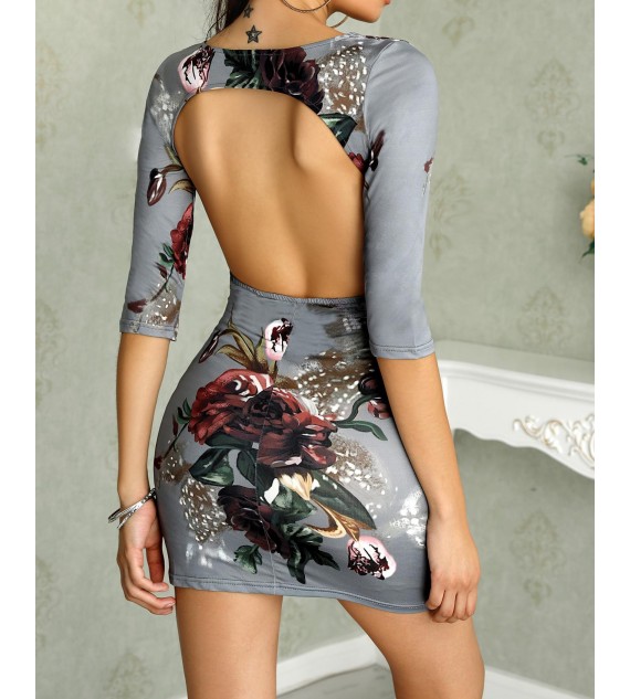 Asymmetric Floral Print Open Back Bodycon Dress