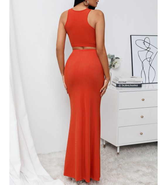 Ribbed Drawstring Sleeveless Top & Maxi Skirt Set