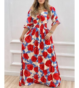 Floral Print Cutout Half Sleeve Maxi Dress