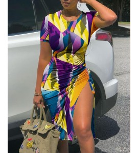 Color Short Sleeve Drawstring Ruched Slit ny Dress