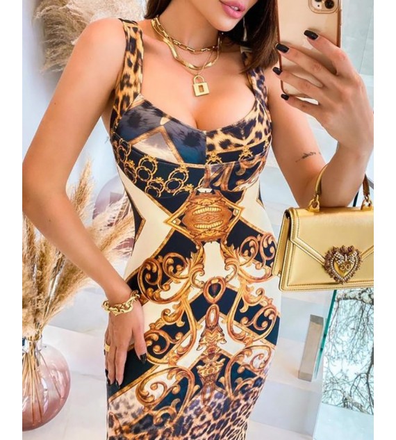 Cheetah Print Color Midi Dress Sleeveless Thick Strap Slim Bodycon Dress