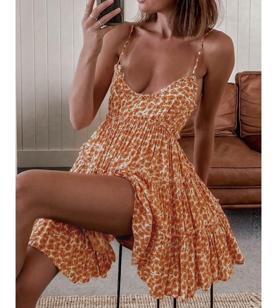 Spaghetti Strap Ditsy Floral Print Ruched Dress