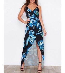 Tropical / Polkadot Print Striped High Slit Maxi Dress