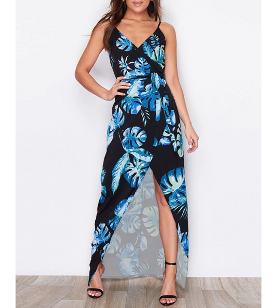 Tropical / Polkadot Print Striped High Slit Maxi Dress