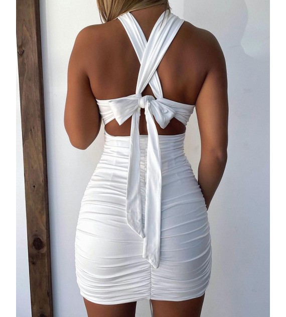 Drawstring Ruched Halter Cutout Front Bodycon Dress