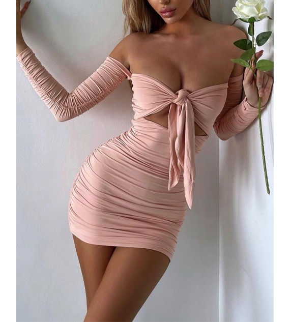 Solid Off Shoulder Knot Front Cut-Out Mini Dress