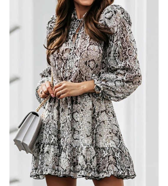 Snake Print Tied Detail Lantern Sleeve Dress