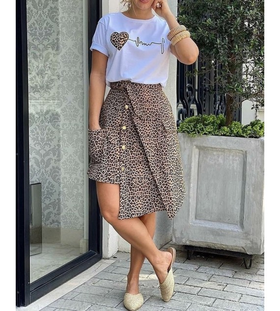 Heart Cheetah Print Top & Buttoned Asymmetrical Skirt Set
