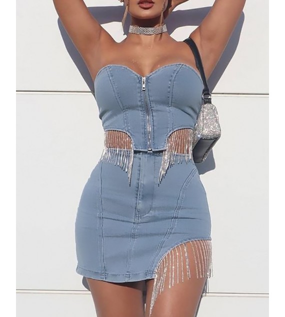 Studded Tassel Bandeau Denim Top & Skirt Set