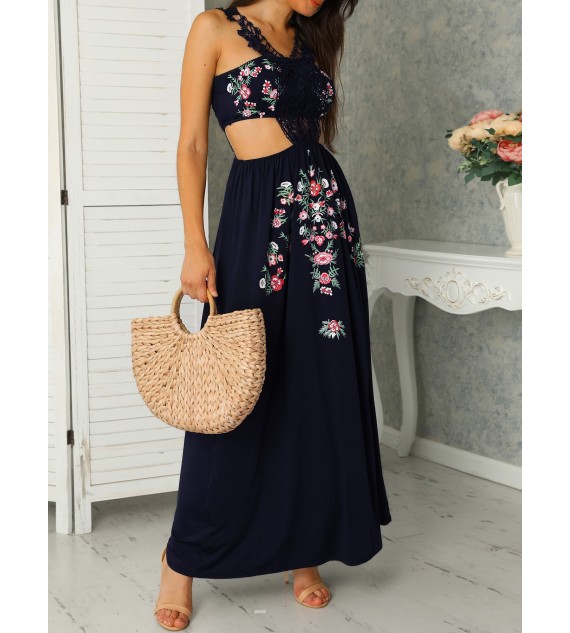 Lace Cut Out Floral Print Pleated Maxi Women Dress
