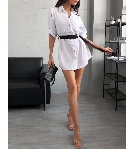 Button Front Half Sleeve Shirt Dress With Belt