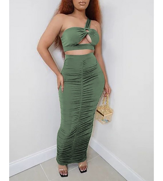 One Shoulder O-Ring Crop Top & Ruched Maxi Skirt Set