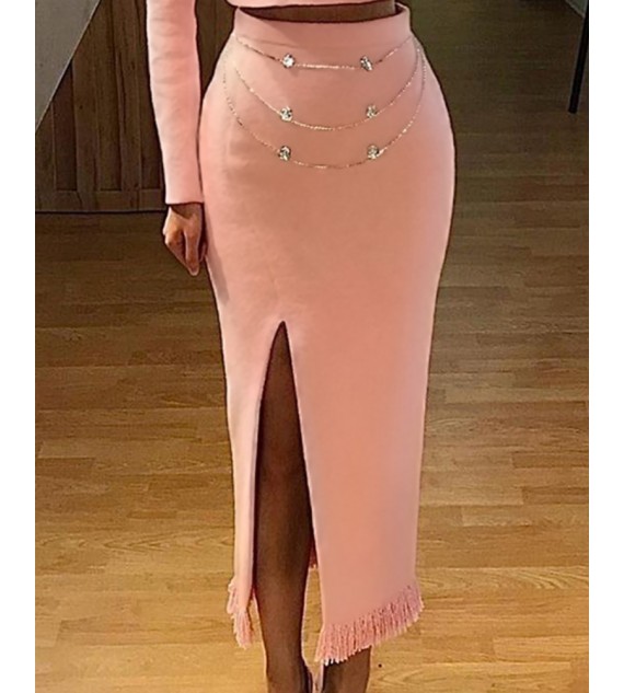 Double Breasted Blazer Coat & Slit Chain Strap Maxi Skirt Set