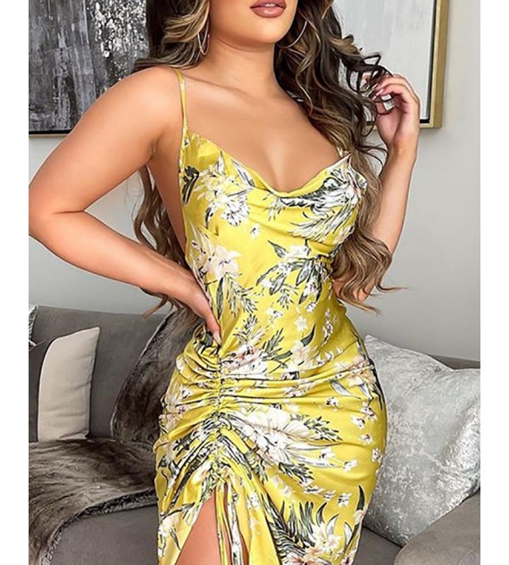 Satin Cowl Neck Drawstring Ruched Floral Print Dress