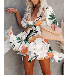 Floral Print V-Neck Ruffle Hem Dress