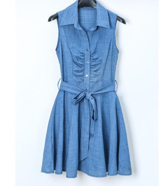 Summer Sleeveless V-Neck Dress Tie Waist Mini Shirt Dress Style