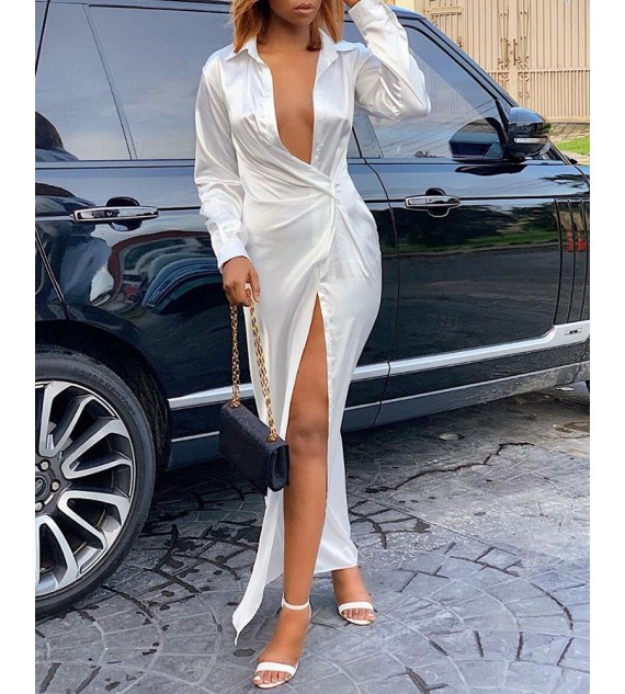 Solid Twisted Design High Slit Maxi Dress