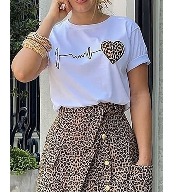 Heart Cheetah Print Top & Buttoned Asymmetrical Skirt Set