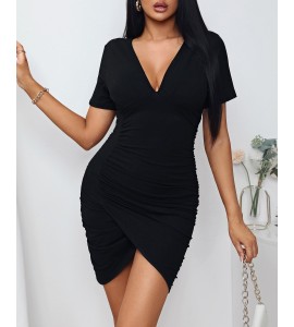 Solid Color V-Neck Ruched Bodycon Dress