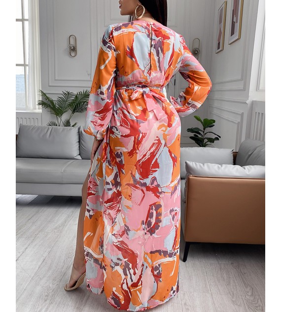 Color High Slit Plunge Lantern Sleeve Maxi Dress